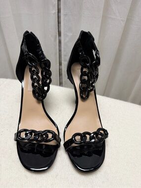 ANTONIO MELANI Black Patent Chain-Link High Heel Sandals
